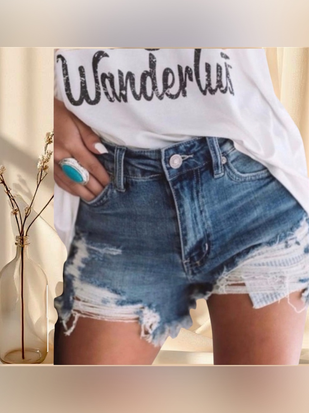 KanCan Dark Wash Distressed Denim Cut Off Jean Shorts - Picture 4 of 7